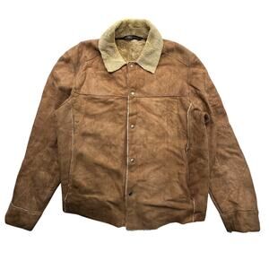 Andrew Marc Suede Leather Sherpa Lined Coat Jacket Mens Large Brown Snap Button